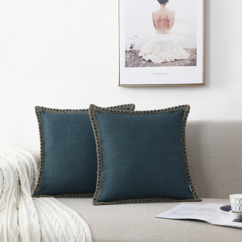 Housse de coussin en lin et polyester Farmhouse, H 24 po x l 24 po, Marine, Carrée