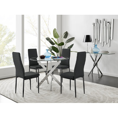 Tierra Modern Metal & Glass Round Dining Table Set with 4 Quilted Faux Leather Chairs