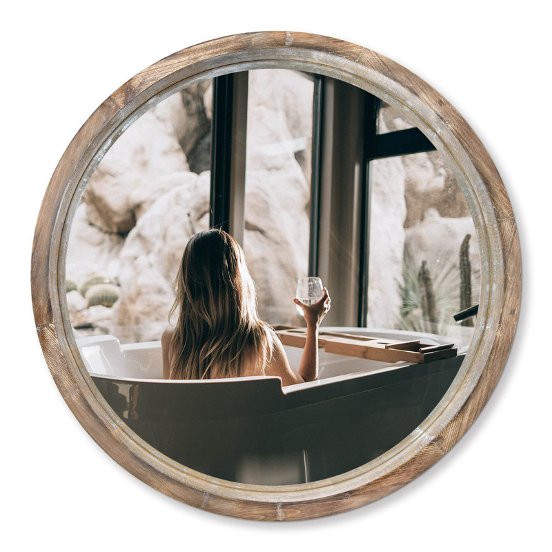 Eberlein Wood Round Wall Mirror, Light Brown