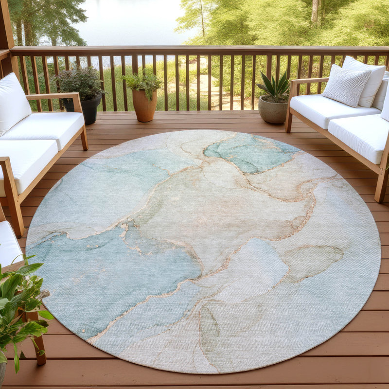 Tapis abstrait Ceajay ACN3084 lavable à la machine pour intérieur/extérieur, Turquoise, 8 pi x 8 pi