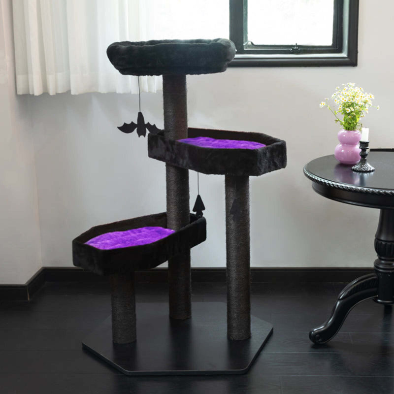 Arbre à chat 40,9 po de style gothique avec lit en cercueil, avec coussin moelleux, chat d'Halloween effrayant avec poteaux à griffer en sisal