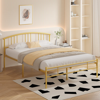Queen Metal Platform Bed Frame with Curved Headboard, Steel Slat Support, No Box Spring Needed, Modern Glam Bed 