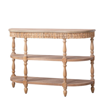 Handcrafted Wood Console Table With Hand-Woven Trim, 3-Tier Storage Shelves, Ideal For Rustic Coastal Farmhouse Decor And Hallway Use