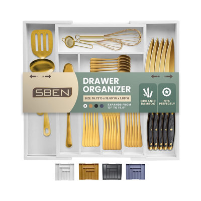 Organisateur de tiroir extensible pour porte-ustensiles, plateau à couverts réglable, 8 fentes, séparateurs de tiroir en bois de qualité supérieure pour l'argenterie, les couverts, les couteaux, le rangement de la cuisine (blanc, grand)
