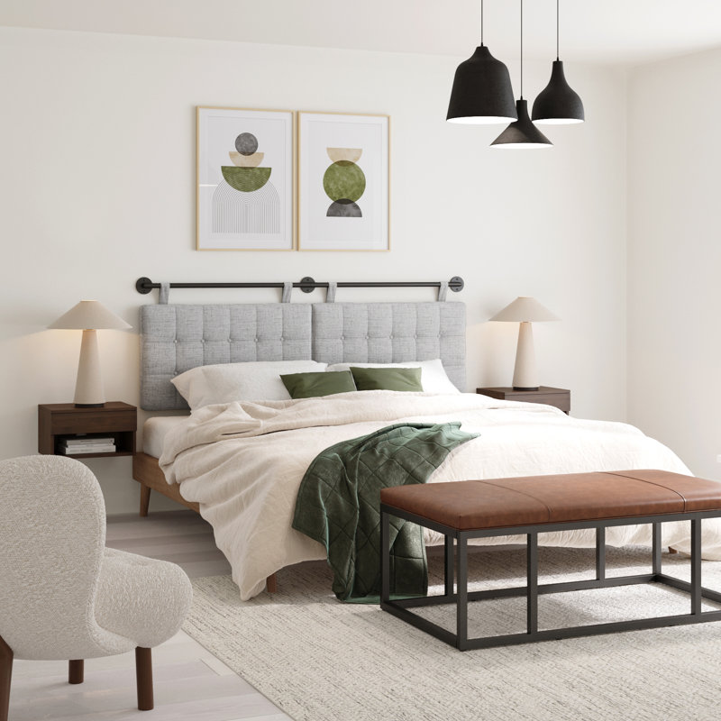 King Size Grey Tufted Upholstered Floating Headboard