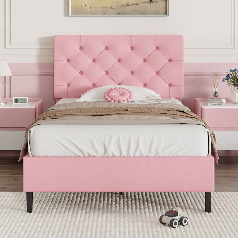 Structure de lit avec tête de lit, lit plateforme tapissier avec capitonnage à boutons Desigh, Lit simple, Rose