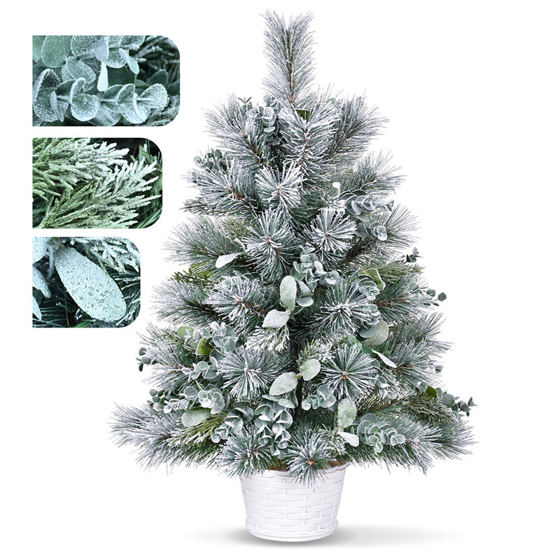 Arbre de Noël de table 2 pi avec accents d'eucalyptus et aiguilles de pin, arbre de Noël floqué