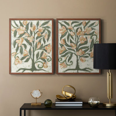 «Folk Peach Blossoms I», reproduction encadrée de qualité supérieure - prête à être accrochée - aucun clou requis - aucun clou requis