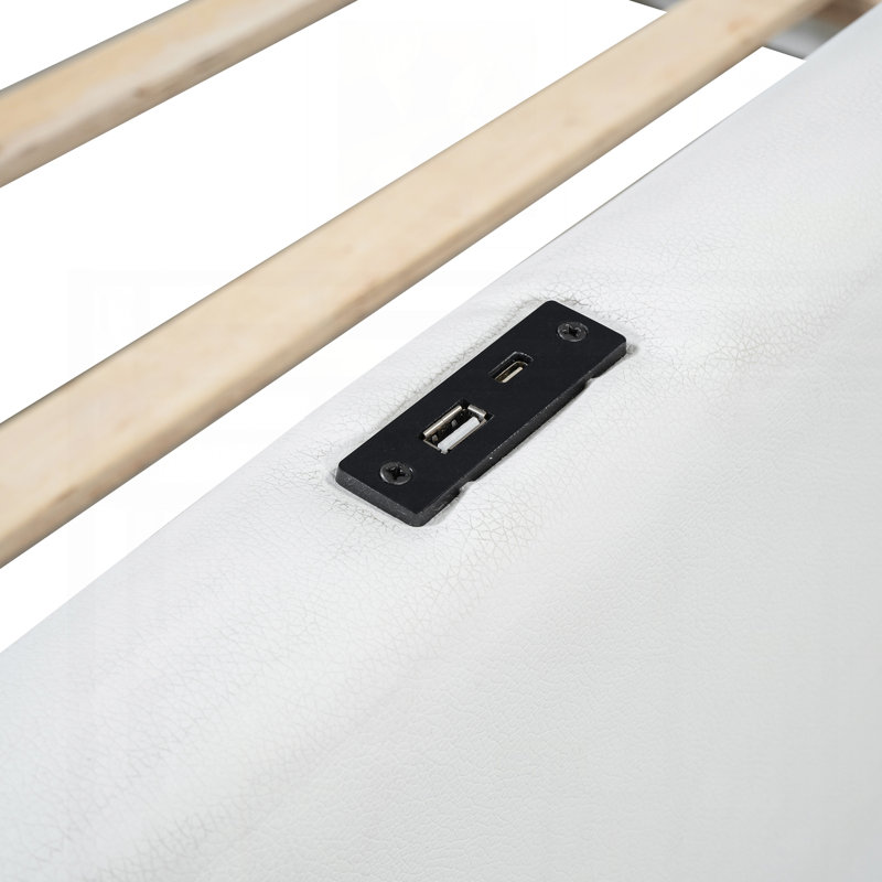 Lit plateforme simple tapissier avec garde-corps et station de charge, blanc