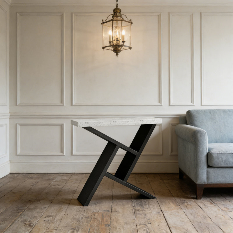 Console étroite étroite avec plateau spacieux et base angulaire, Blanc/Noir