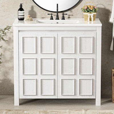 Meuble-lavabo de 36 pouces de largeur avec lavabo, structure en bois massif, charnières à fermeture en douceur et poignées dissimulées pour une structure minimaliste de style blanc rétro, des portes, une tablette ajustable et un espace personnalisé