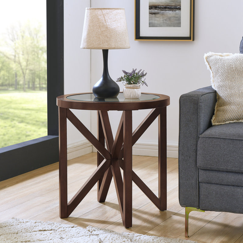 Table de bout ronde avec plateau en verre, Cerisier