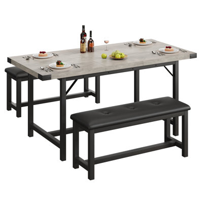 Dining Table Set for 4-8, 63" Extendable 3-Piece Set with 2 Upholstered Benches – Large Rectangle Kitchen Table with Metal Frame for Space-Saving in Apartments