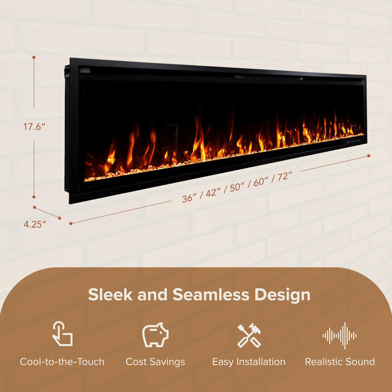 Ultra Thin Aerus Slim Recessed or Wall Mounted Electric Fireplace, Alexa/Wifi Enabled, 17.63" H x 72" W x 4.25" D