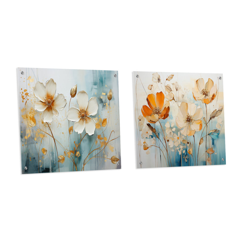 «Yellow Botanical Collage I», ensemble de 2 verres muraux abstraits en acrylique, H 36 po x l 73 po