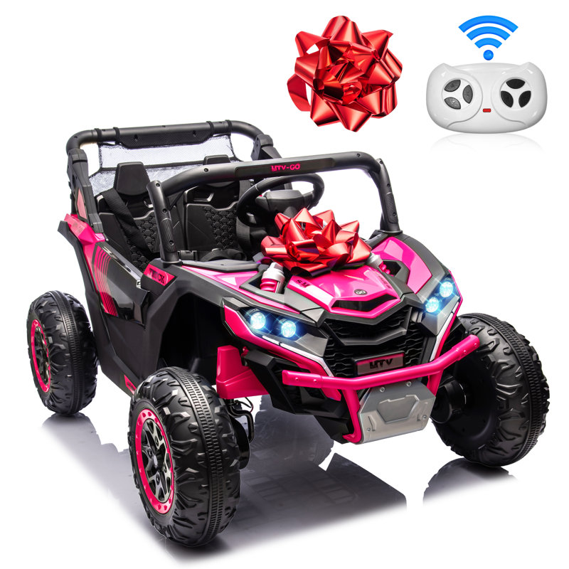 24V Kids Ride On Car UTV rose, véhicule électrique 2 places pour tout-petits avec télécommande, musique, Bluetooth, ceintures de sécurité