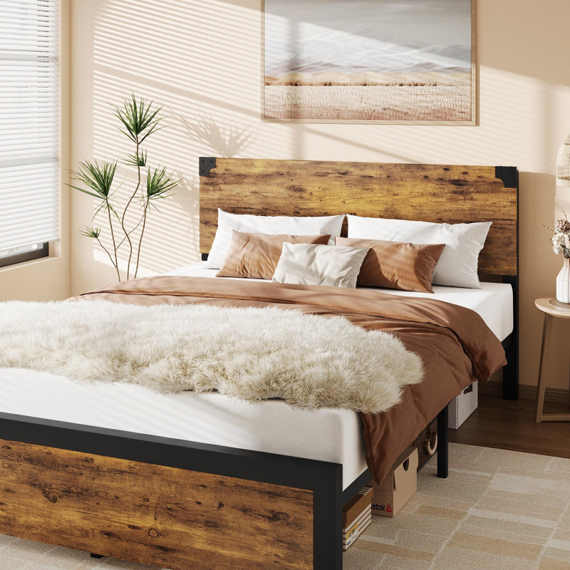 Queen Bed Frame, Platform Queen Size Bed Frame With Wood Headboard, Metal Queen Bed Frame With Under Bed Storage And Support Legs, Noise Free, No Box Spring Needed, Easy Assembly-Rustic Brown
