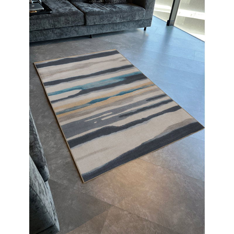 Tapis décoratif moderne à rayures abstraites beige et gris, Rectangle 4 pi 11,06 po x 9 pi 10,11 po