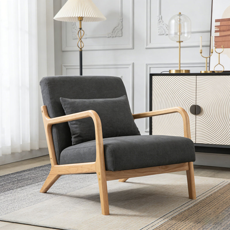 Chaise d'appoint moderne avec structure en bois, Lin de coton, Gris