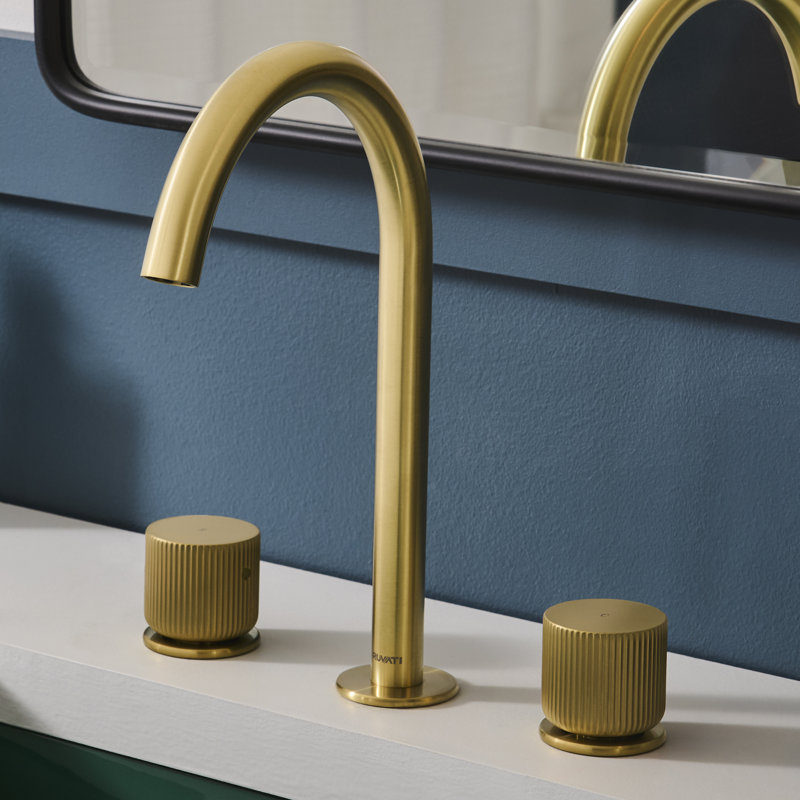 Ruvati Fabio Two Handle Widespread Fluted Knob Arc Round Neck Bathroom Faucet in Brushed Gold