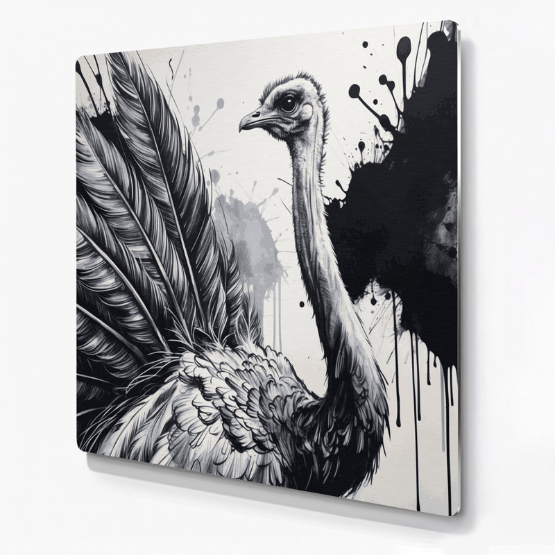 Faune, autruche, art mural gris en métal, 8" H x 8" W