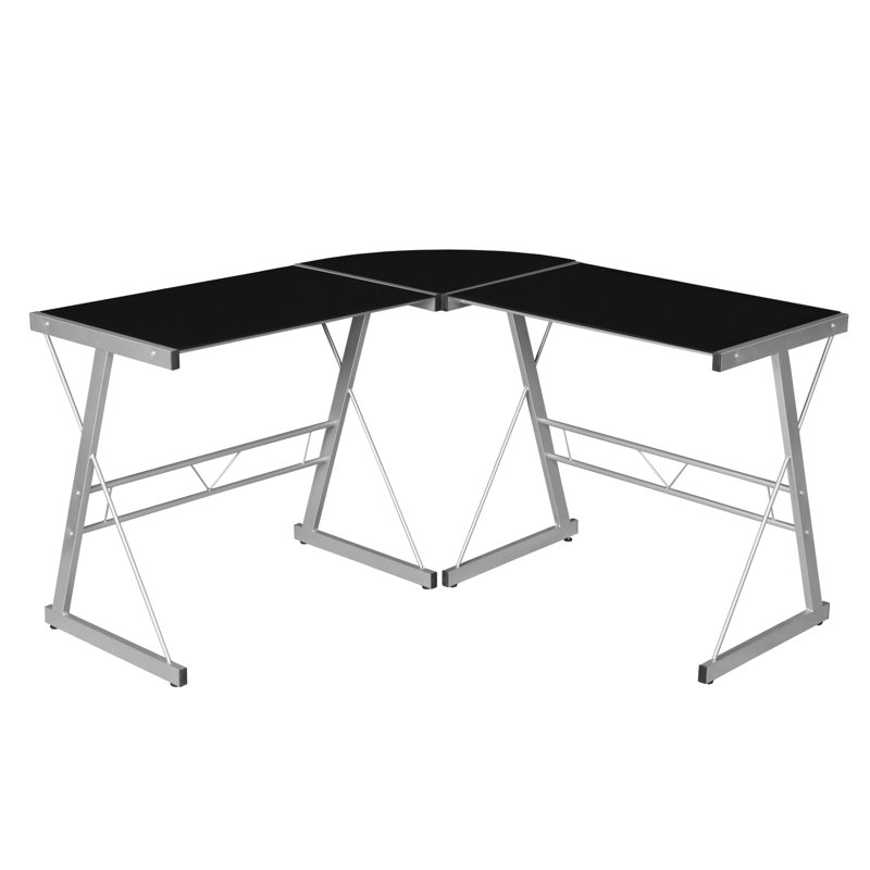 Black Tempered Glass L-Shaped Computer Desk with Steel Frame