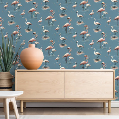 Flamant rose - papier peint bleu côtier