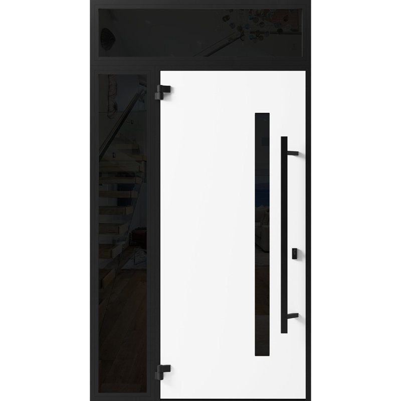 Façade avant en acier pré-suspendue / Ronex 0162 chêne rouge / fenêtre extérieure latérale et supérieure en métal / entrée en métal peint moderne l 36 po x H 80 po + 16 po à droite