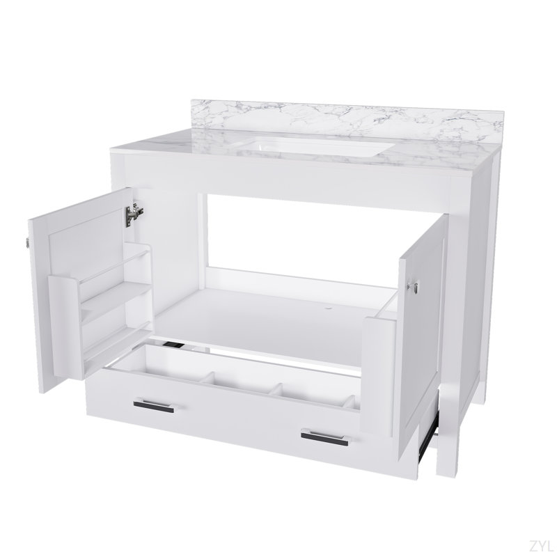 Ensemble de meuble-lavabo moderne 43 po avec plateau en fritté blanc Carrara, armoire de salle de bain multifonctionnelle avec portes et tiroir, cadre solide et panneau de fibres à densité moyenne (trou pour robinet)