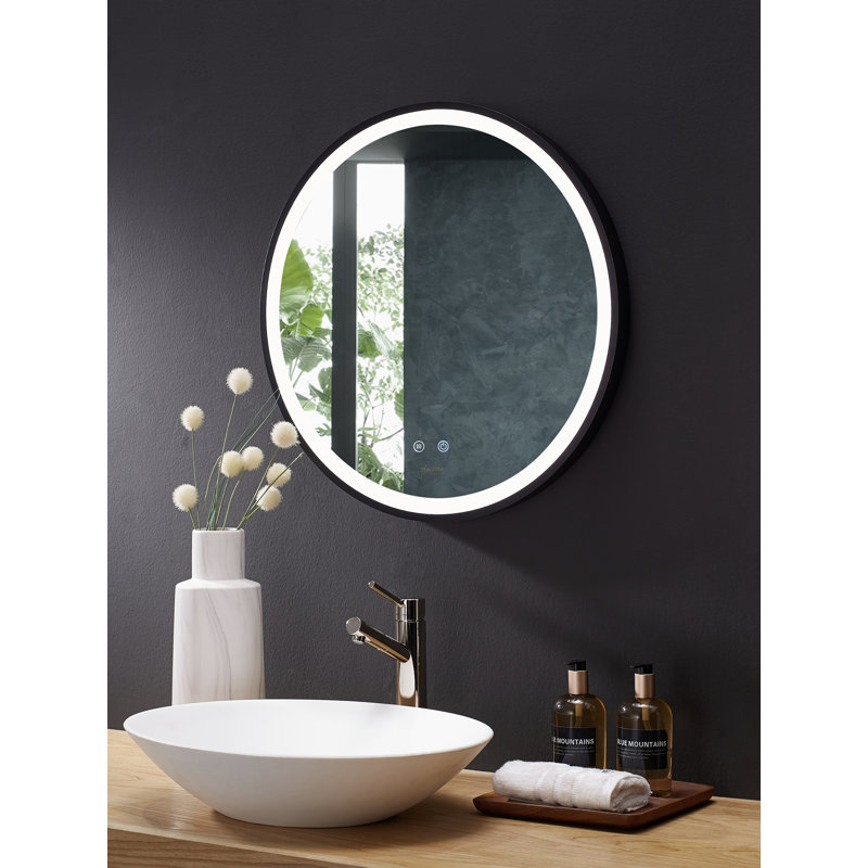 30-Inch Round Black Aluminum Bathroom Vanity Mirror with LED Light