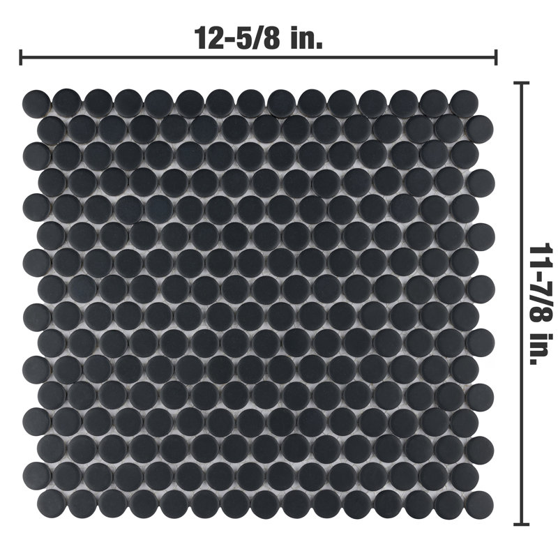 Hudson Penny Round Matte Black 11-7/8" x 12-5/8" Porcelain Mosaic Tile