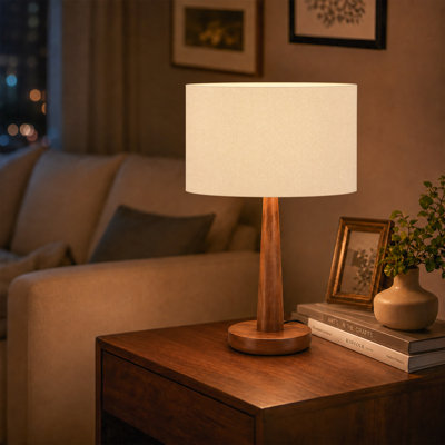 18.5" Modern Solid Wood Table Lamp with Beige Linen Drum Shade and Stepless Dimmer, UL‑Listed for Bedside, Home Office, Study Room or Living Room Ambient Light
