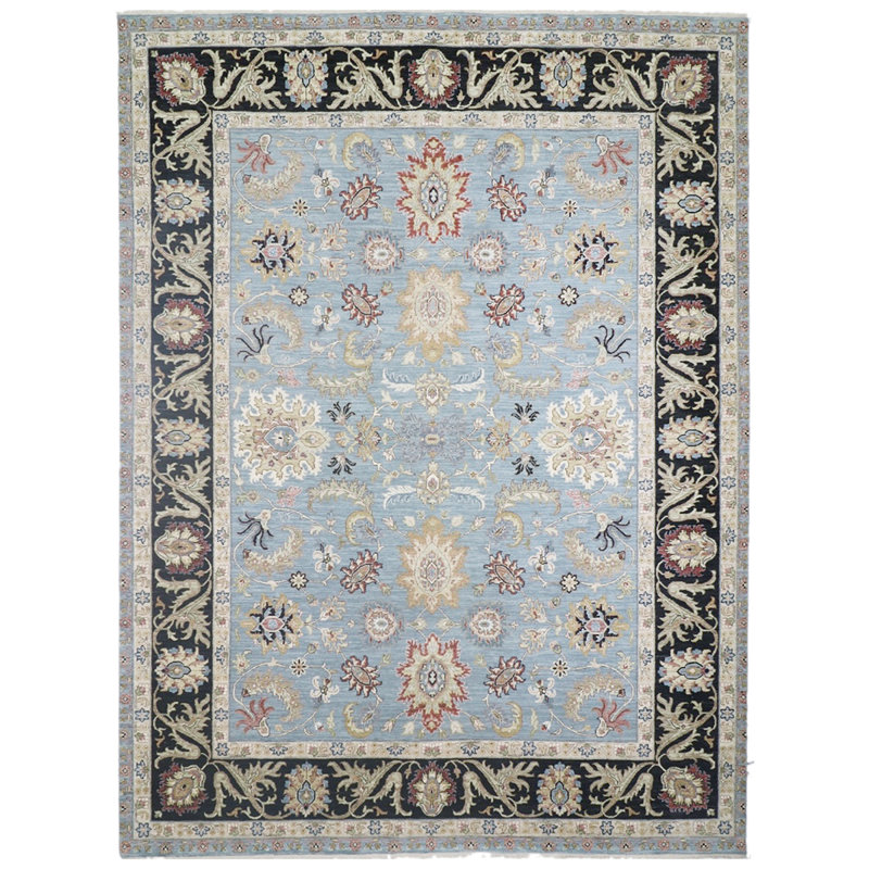Tapis bleu clair / noir noué à la main de haute qualité, Rectangle 9 pi x 12 pi