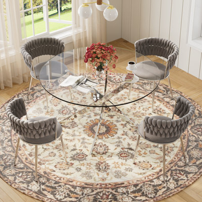 Modern Round Pedestal Dining Set with Weaven Velvet Dininig Chair