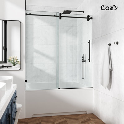 62-67" W x 66" H Frameless Single Sliding Shower Tub Door, 3/8" (10mm) Clear SGCC Tempered Glass with R5 Beveled Edge, Shatter-Resistant Safety Film, Includes Installation Hole Locator, Round Top Rail