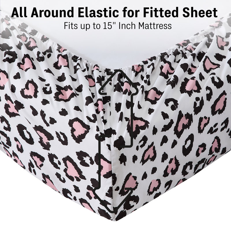 HLC.ME Cheetah Heart Printed Kids Bed Sheets - 4 Piece Patterned Bed Sheet Set - Wrinkle Resistant & Soft - Fits Mattresses Up To 15 Inches Deep - Full