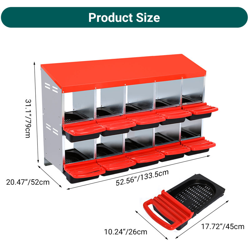 Boîtes de nidification pour poules Boîte de nidification de poulets avec couvercle pour protéger les œufs 8 trous en acier galvanisé rouge