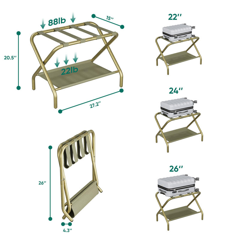 Ensemble de 2 valises dorées, support de valise pliable avec tablette de rangement en tissu, porte-bagage avec 4 sangles en nylon pour chambre d'hôtel