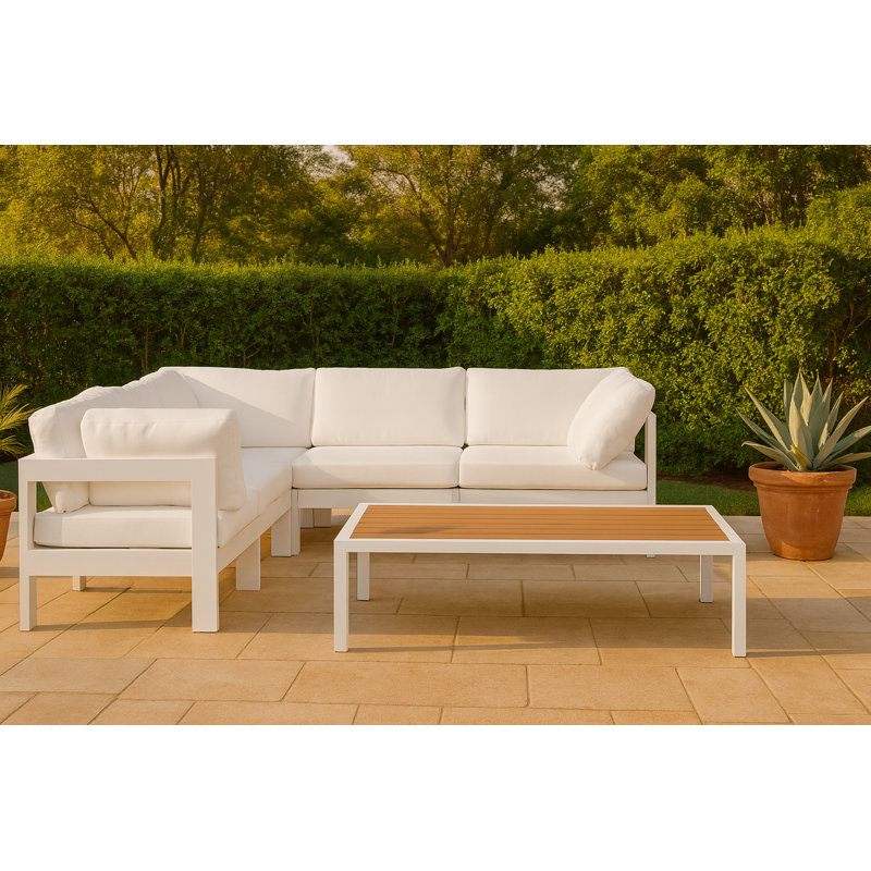Canapé modulaire d'extérieur 90 po avec coussins Lareen, Blanc, Blanc