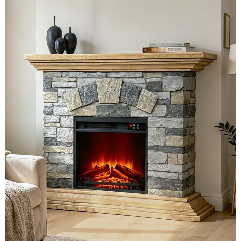 Iseminger 40" Freestanding Electric Fireplace, Faux‑Stone & Wood Mantel-Light Tan , Light Tan
