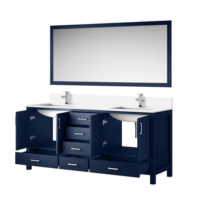 Meuble-lavabo double P 22 po, comptoir en quartz blanc, ensemble de robinets et miroir 28 po, Marine