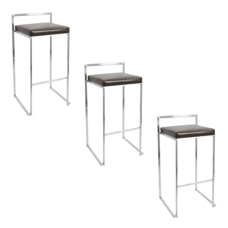 Ernestine Stackable Faux Leather Stool, Bar Stool (30" Seat Height), Brown/Stainless Steel