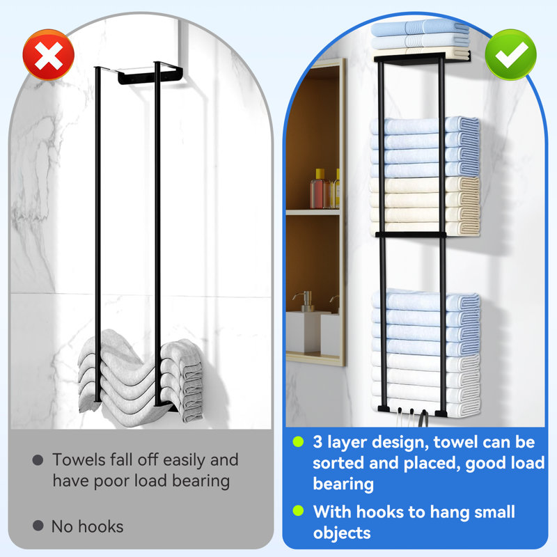 Porte-serviettes pour salle de bain, porte-serviettes à 3 niveaux avec tablette et barre à serviettes, porte-serviettes mural, rangement pour serviettes et organisateur