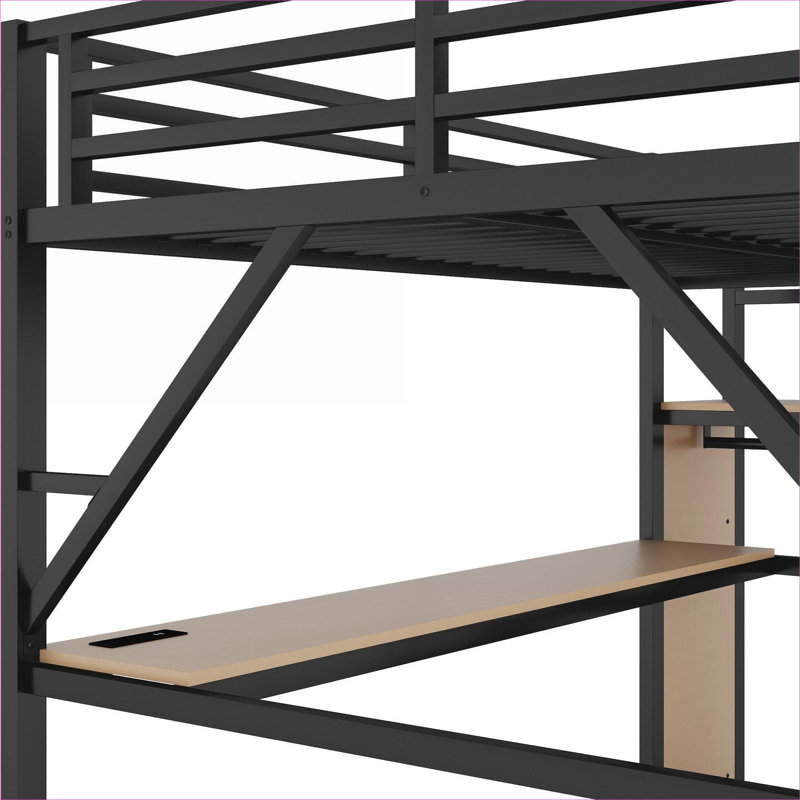 Lit mezzanine double en métal noir de jais, lit fonctionnel peu encombrant avec bureau intégré et station de charge pour les chambres d'enfants et d'adolescents