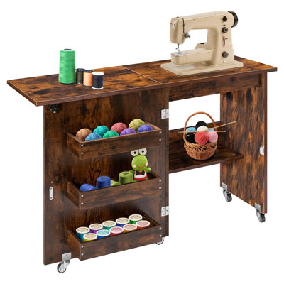  Folding Sewing Craft Table with Storage Shelves, Sewing Cabinet with Lift for Small Spaces