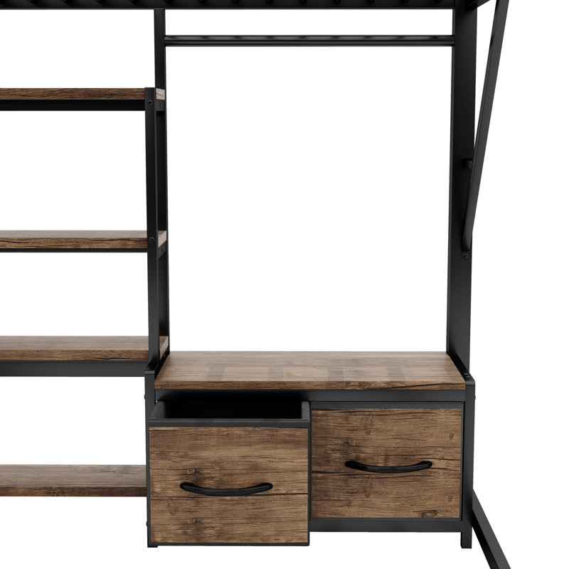 Lit mezzanine double en métal avec bureau et rangement, lumières DEL équipées, rampes de sécurité pour plateforme stable