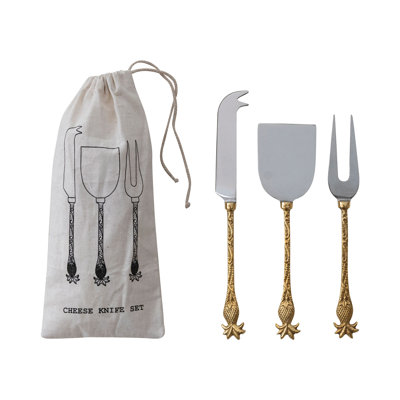 Stainless Steel Cheese Knives With Brass Pineapple Handles In Printed Drawstring Bag