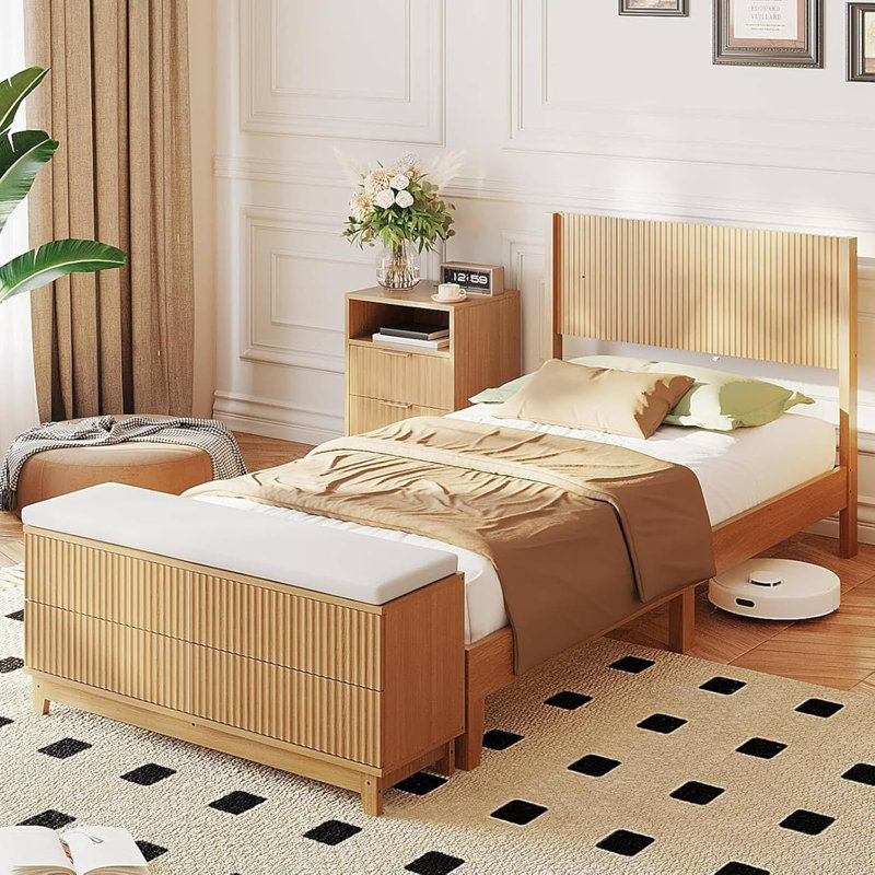 Twin Natural Oak Wood Bed Frame With Built-In Footboard Storage Bench,4 Drawers,Headboard,Heavy Duty,No Box Spring Needed,Mid-Century Modern Style