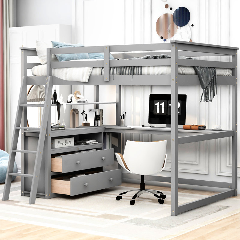 Lit mezzanine double gris avec rangement intégré pour bureau et tablette - Bois de pin robuste pour une disposition pratique de la chambre à coucher