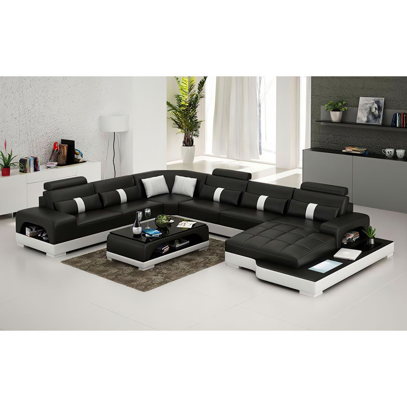 Arieta Upholstered U-Shaped Sectional, Black Genuine Leather, Right Hand Facing